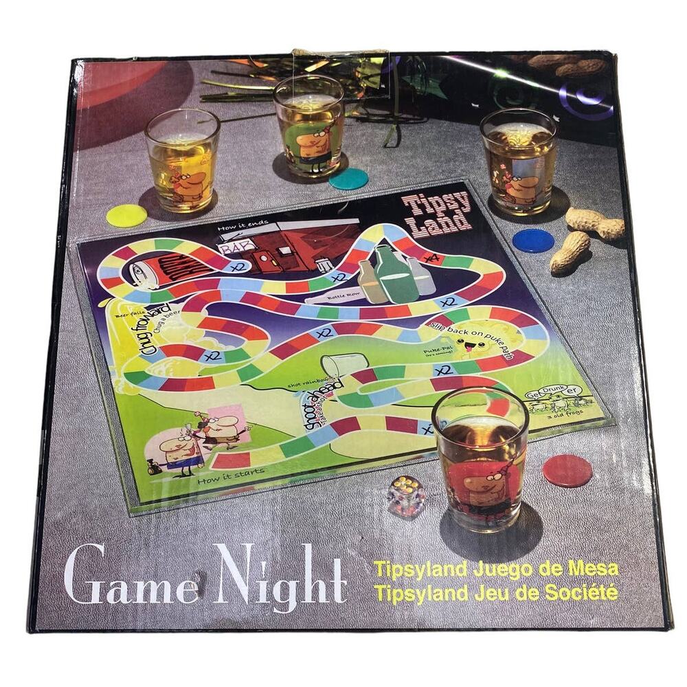Game Night Tipsy Land Glass Board w/4 shot glasses NEW
